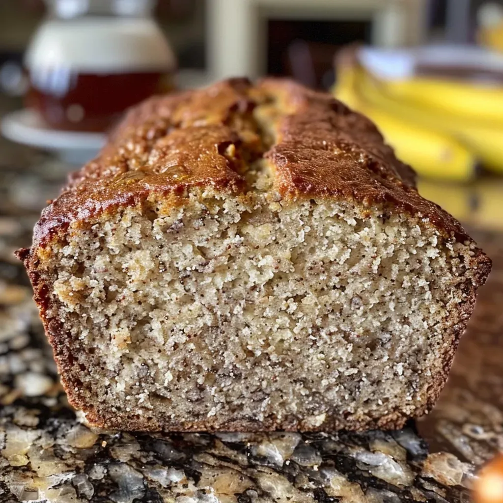 Close-up of a freshly baked honey wheat banana bread loaf with a golden crust.