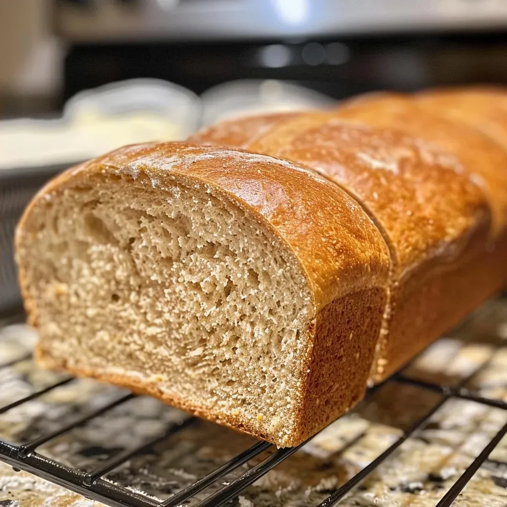 Close-up side view of freshly baked honey wheat bread.