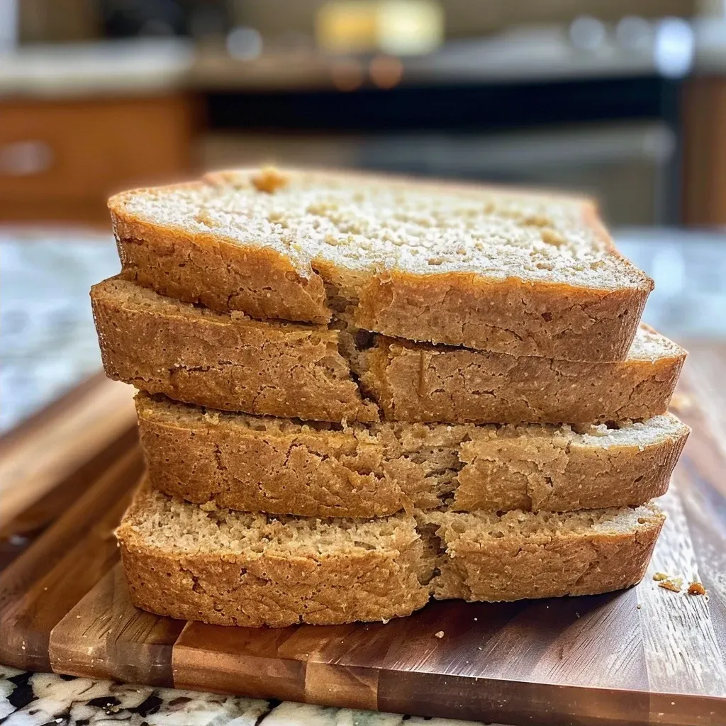 Close-up side view of a loaf of honey whole wheat bread on a wooden cutting board.