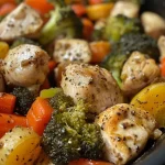 ['Close-up of juicy Italian chicken breasts and colorful roasted vegetables on a sheet pan.', 'Side view of a sheet pan filled with Italian chicken and vibrant vegetables, ready to serve.', 'Succulent boneless chicken with broccoli and carrots, arranged on a sheet pan.', 'A delicious medley of Italian chicken and vegetables in a pan, highlighting their textures.']