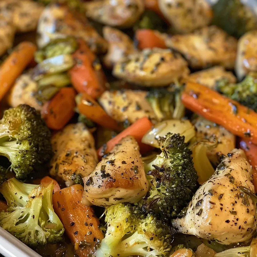 ['Close-up of juicy Italian chicken breasts and colorful roasted vegetables on a sheet pan.', 'Side view of a sheet pan filled with Italian chicken and vibrant vegetables, ready to serve.', 'Succulent boneless chicken with broccoli and carrots, arranged on a sheet pan.', 'A delicious medley of Italian chicken and vegetables in a pan, highlighting their textures.']