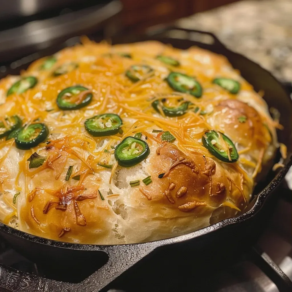 ['A side view of Jalapeno Cheddar Dutch Oven Bread, showcasing its crusty exterior and melted cheese.', 'Close-up of a loaf of Jalapeno Cheddar Dutch Oven Bread with visible jalapeno slices and cheddar cheese.', 'A freshly baked, golden-brown Jalapeno Cheddar Dutch Oven Bread, highlighting its delicious texture.', 'Slice of Jalapeno Cheddar Dutch Oven Bread displaying gooey cheddar and diced jalapenos.']