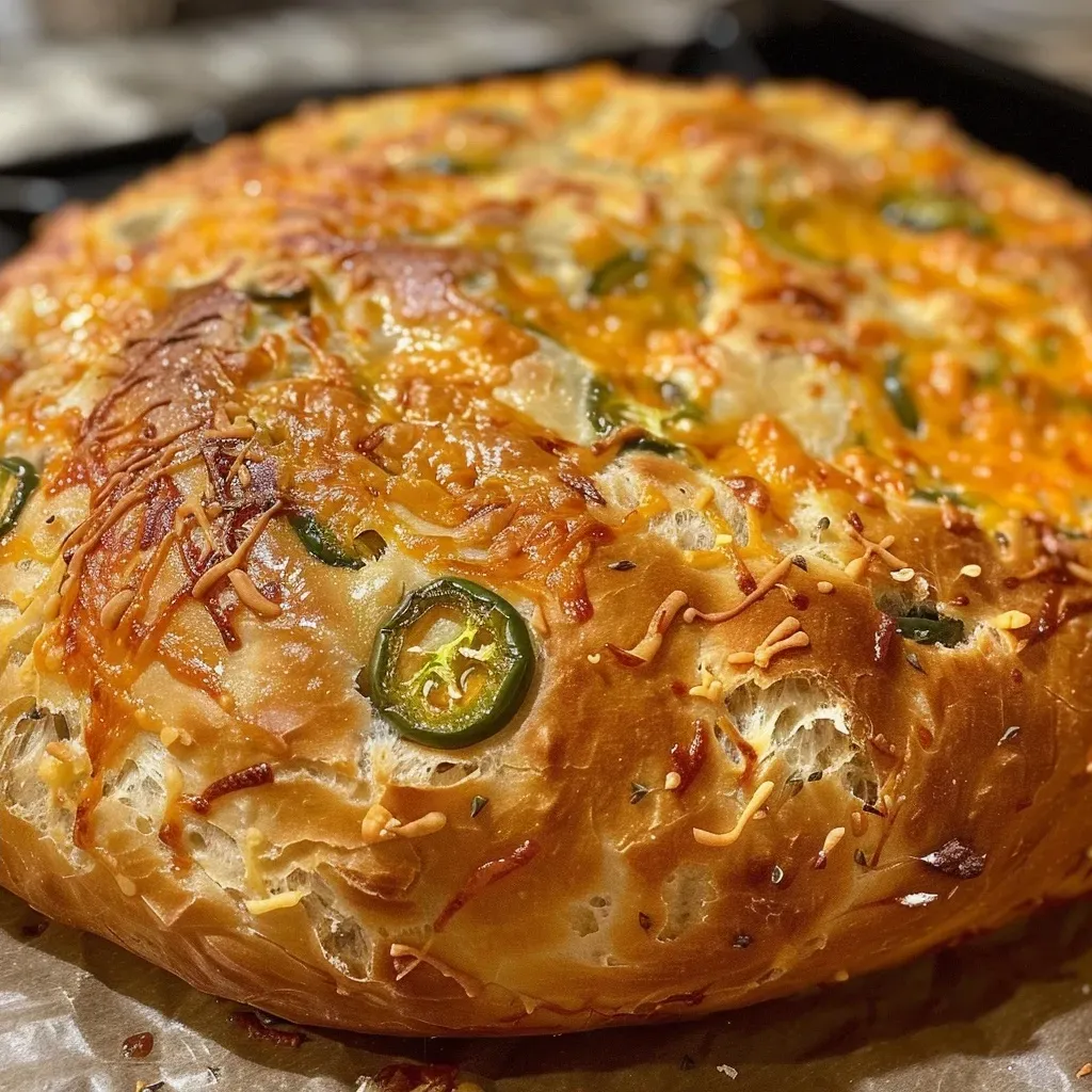 ['A side view of Jalapeno Cheddar Dutch Oven Bread, showcasing its crusty exterior and melted cheese.', 'Close-up of a loaf of Jalapeno Cheddar Dutch Oven Bread with visible jalapeno slices and cheddar cheese.', 'A freshly baked, golden-brown Jalapeno Cheddar Dutch Oven Bread, highlighting its delicious texture.', 'Slice of Jalapeno Cheddar Dutch Oven Bread displaying gooey cheddar and diced jalapenos.']