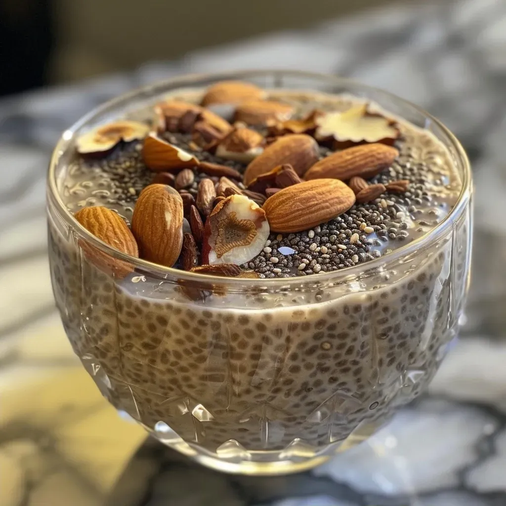 ['Close-up view of Keto Chia Pudding in a glass bowl, showcasing chia seeds and almond milk.', 'Side view of creamy Keto Chia Pudding topped with nuts, set against a blurred background.', 'Detailed shot of Keto Chia Pudding with a smooth texture and a sprinkle of chia seeds on top.', 'Rich-looking Keto Chia Pudding in a clear container, highlighting its creamy consistency.']