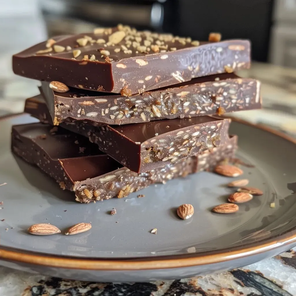 Close-up of keto chocolate crunch candy bars, showcasing their texture and layers.