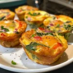['Close-up view of keto mini quiches with a golden crust and colorful fillings.', 'Side view of three cheese mini quiches, showcasing their fluffy texture and rich ingredients.', 'Juicy keto mini quiches on a white plate, highlighting spinach, red bell pepper, and cheese.', 'Delicious keto three-cheese mini quiches, with a focus on their savory ingredients and crust.']