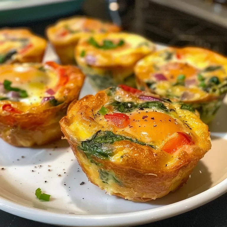 ['Close-up view of keto mini quiches with a golden crust and colorful fillings.', 'Side view of three cheese mini quiches, showcasing their fluffy texture and rich ingredients.', 'Juicy keto mini quiches on a white plate, highlighting spinach, red bell pepper, and cheese.', 'Delicious keto three-cheese mini quiches, with a focus on their savory ingredients and crust.']