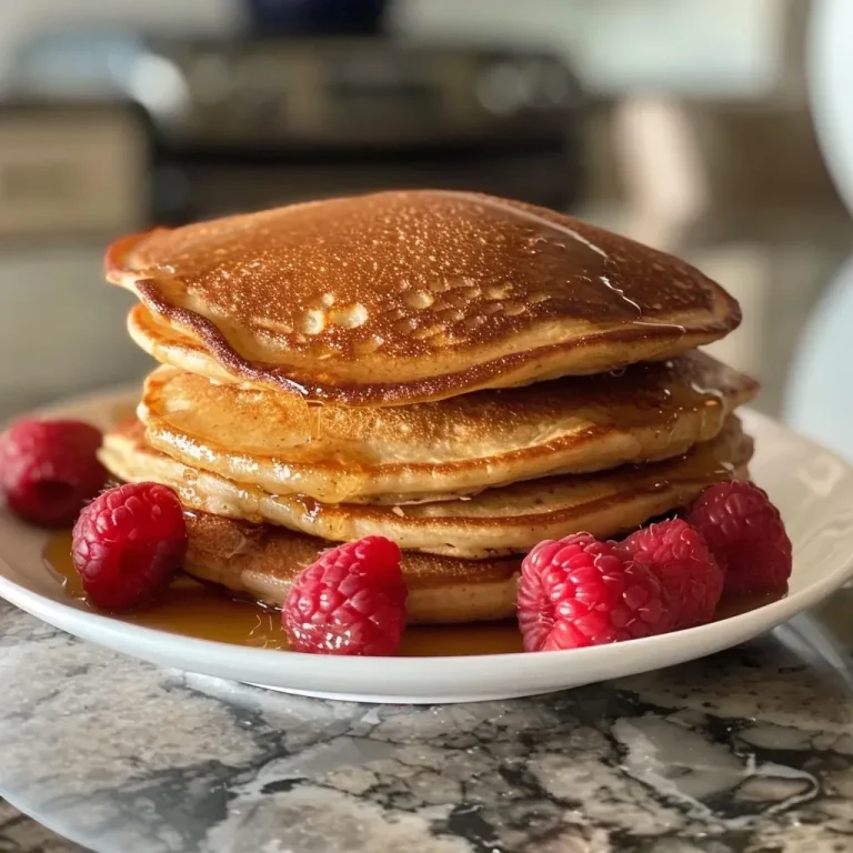 ['Close-up of golden-brown keto pancakes stacked on a plate.', 'Side view of fluffy keto pancakes drizzled with syrup.', 'Tasty keto pancakes on a white plate with a fork beside them.', 'Delicious low-carb pancakes topped with blueberries and syrup.']