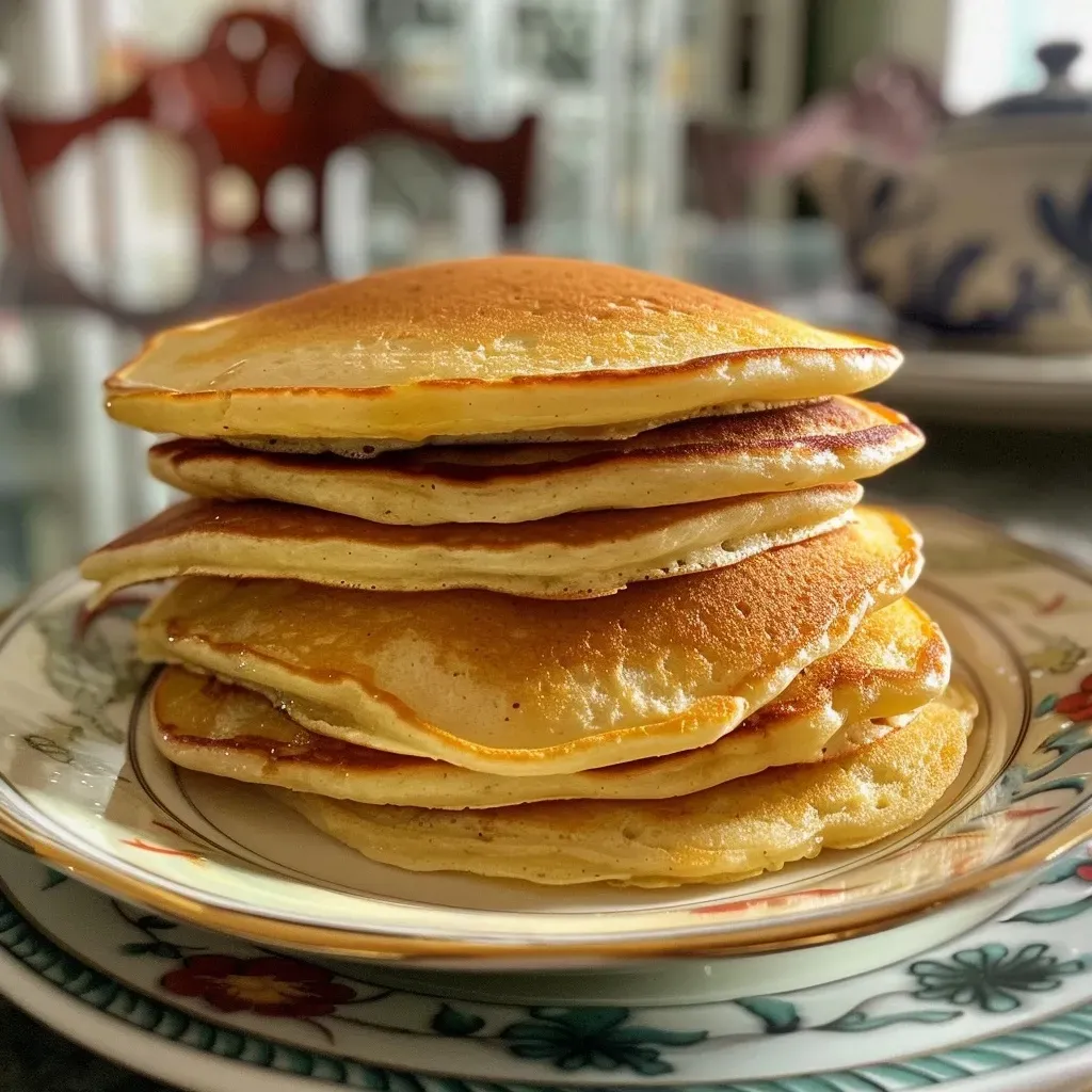 ['Close-up of golden-brown keto pancakes stacked on a plate.', 'Side view of fluffy keto pancakes drizzled with syrup.', 'Tasty keto pancakes on a white plate with a fork beside them.', 'Delicious low-carb pancakes topped with blueberries and syrup.']