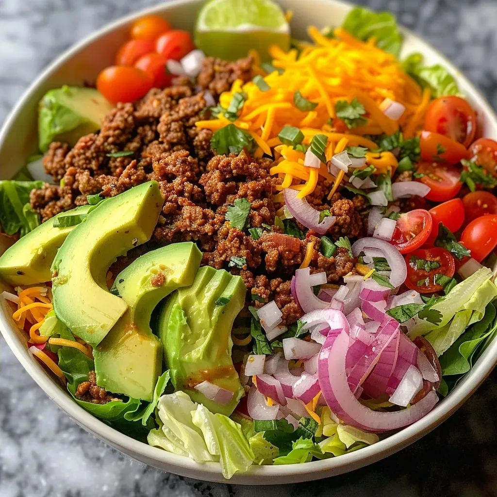 A vibrant keto taco salad bowl featuring ground beef, fresh lettuce, cherry tomatoes, and avocado.