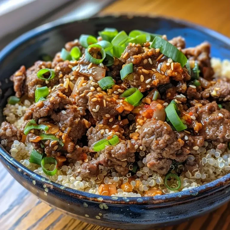 ['Close-up of a colorful Korean beef and quinoa bowl, featuring green onions and ground beef.', 'A side view of a hearty Korean Beef and Quinoa Bowl, showing glistening beef and garnishes.', 'A vibrant Korean beef and quinoa bowl, with minced garlic and sesame oil visible in the mix.', 'An appetizing bowl filled with Korean beef, quinoa, and fresh green onions, beautifully arranged.']