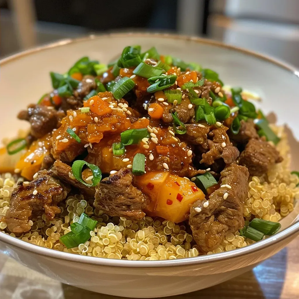 Close-up of a colorful Korean beef and quinoa bowl, featuring green onions and ground beef.