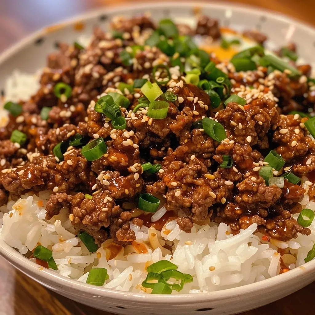 ['Close-up view of a Korean Ground Beef Bowl featuring ground beef, rice, and toppings.', 'Side perspective of a delicious Korean Ground Beef Bowl with glossy beef and colorful toppings.', 'Juicy Korean Ground Beef Bowl displayed with rice, minced garlic, and vibrant garnishes.', 'Detailed shot of a Korean Ground Beef Bowl showcasing the rich textures of beef and rice.']