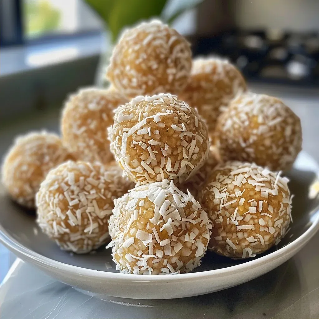 ['Close-up of round Lemon Energy Balls coated in shredded coconut.', 'Side view of lemon-flavored energy balls on a white surface.', 'A group of Lemon Energy Balls dusted with coconut flakes.', 'Freshly made Lemon Energy Balls displayed in a small bowl.']
