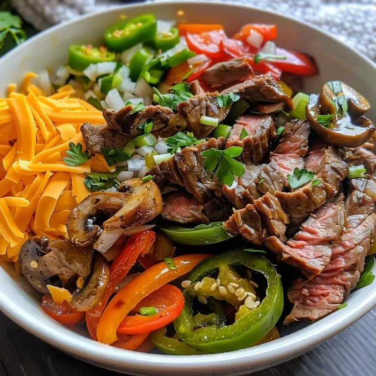 ['Close-up view of a low carb cheesesteak bowl featuring sliced ribeye, bell peppers, and provolone cheese.', 'Juicy low carb cheesesteak bowl with colorful vegetables and melted cheese, taken from the side.', 'Side view of a delicious cheesesteak bowl filled with thinly sliced steak, peppers, onions, and cheese.', 'Close-up of a hearty low carb cheesesteak bowl, showcasing fresh ingredients and creamy texture.']