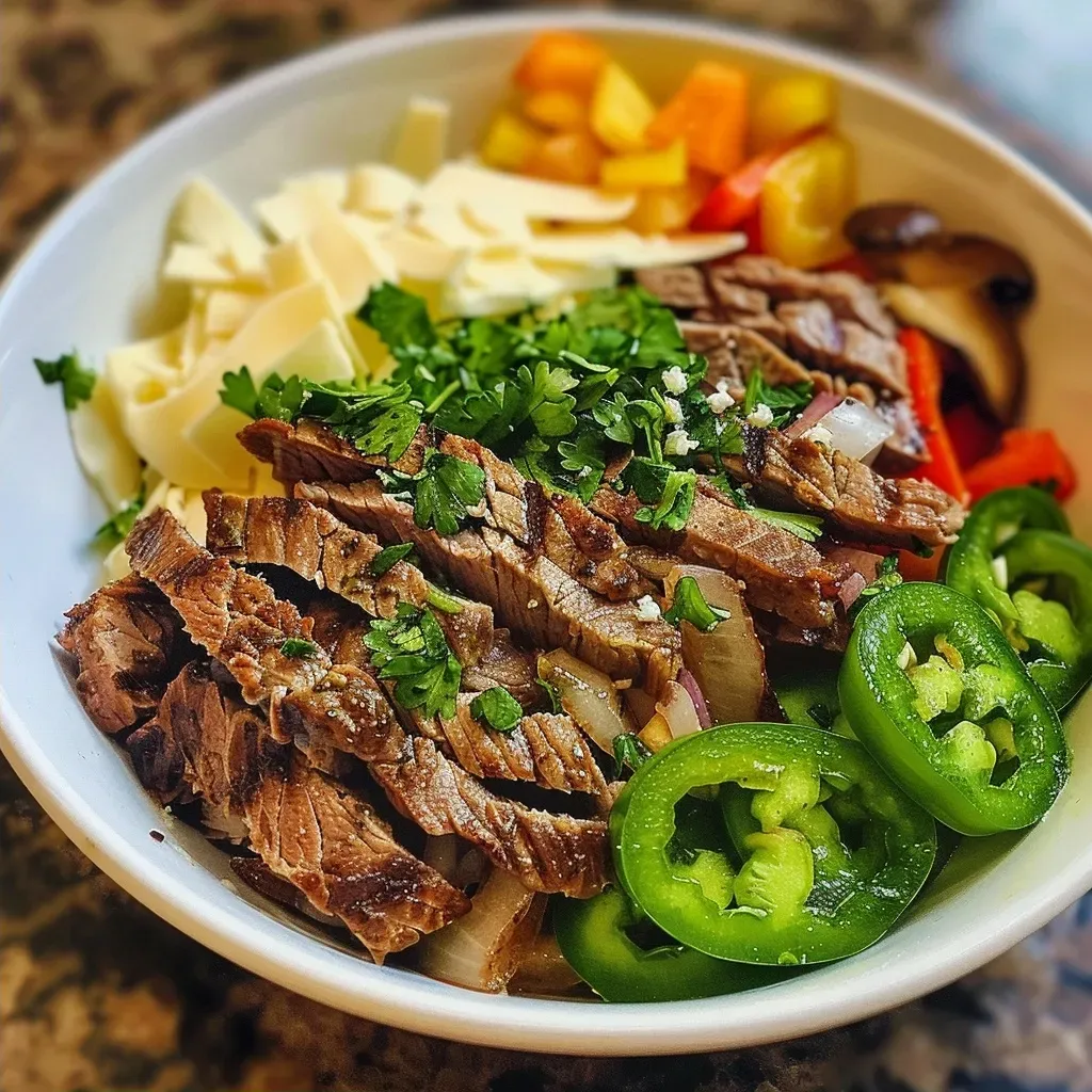 ['Close-up view of a low carb cheesesteak bowl featuring sliced ribeye, bell peppers, and provolone cheese.', 'Juicy low carb cheesesteak bowl with colorful vegetables and melted cheese, taken from the side.', 'Side view of a delicious cheesesteak bowl filled with thinly sliced steak, peppers, onions, and cheese.', 'Close-up of a hearty low carb cheesesteak bowl, showcasing fresh ingredients and creamy texture.']