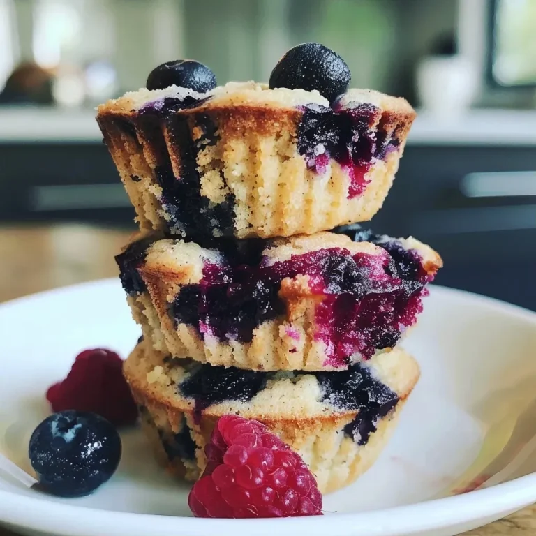 ['Side view of delicious low carb mixed berry muffins, showcasing their golden-brown tops and colorful berry fillings.', 'Close-up of moist low carb muffins with fresh blueberries and raspberries, highlighting their texture and vibrant colors.', 'Juicy mixed berry muffins with a golden crust and visible chunks of berries on the side.', 'Scrumptious low carb muffins featuring a mix of blueberries and raspberries, captured from a side angle.']
