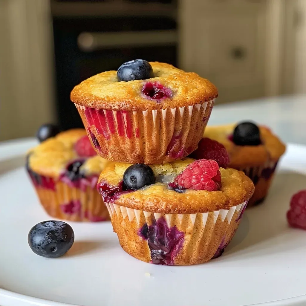 Side view of delicious low carb mixed berry muffins, showcasing their golden-brown tops and colorful berry fillings.