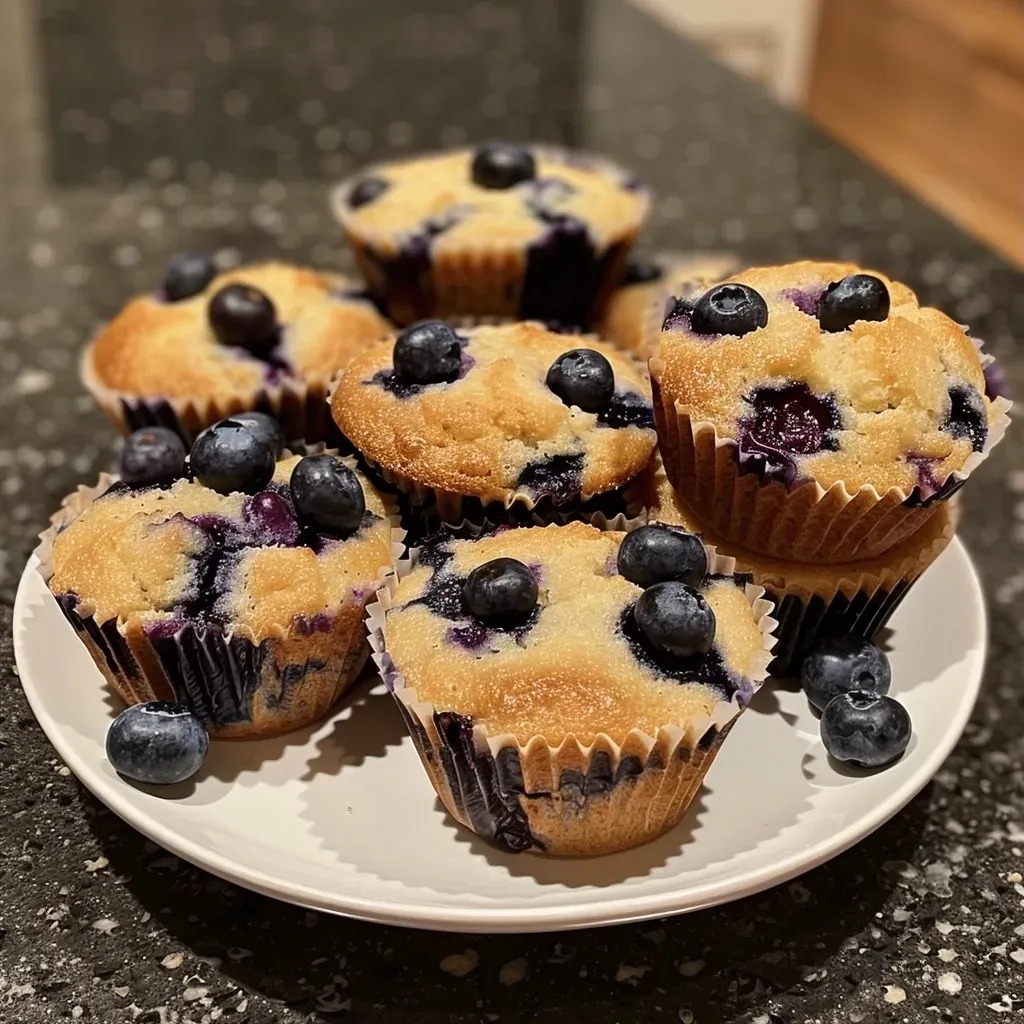 Close-up view of golden-brown low-sugar blueberry muffins with a shiny glaze and plump blueberries.