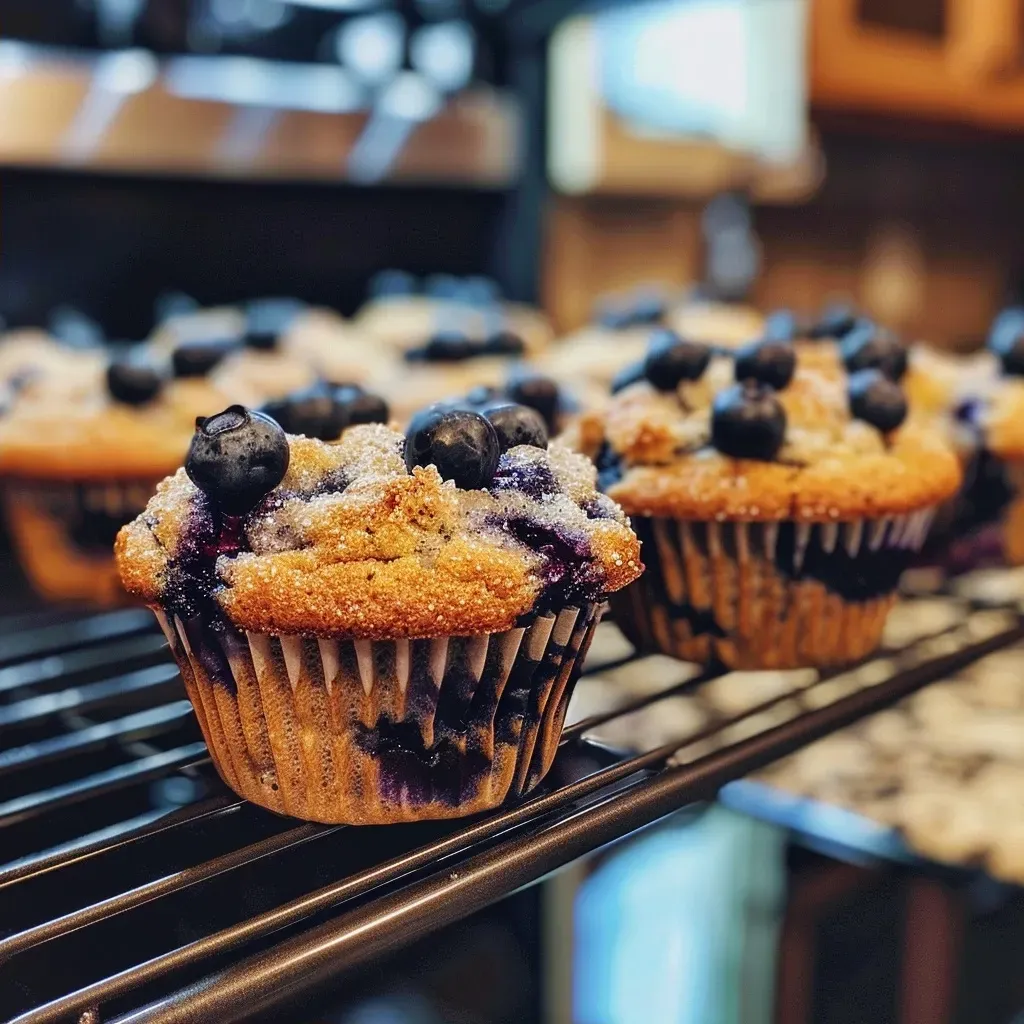 Close-up view of golden-brown low-sugar blueberry muffins with a shiny glaze and plump blueberries.