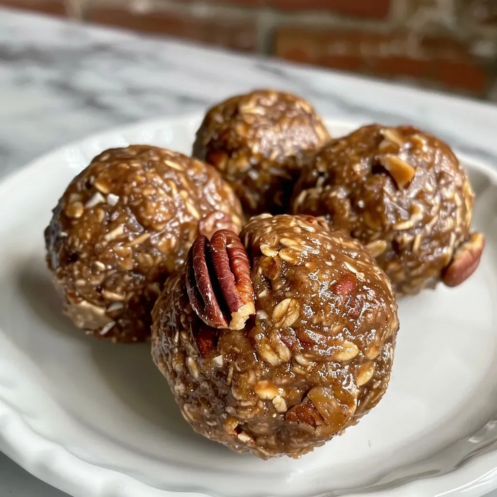 ['Close-up view of homemade Maple Pecan Energy Balls with a glistening texture.', 'Side view of Maple Pecan Energy Balls showcasing their chunky ingredients and rich color.', 'Detailed image of Maple Pecan Energy Balls highlighting oats and pecans.', 'Juicy Maple Pecan Energy Balls arranged attractively, capturing their delicious appeal.']