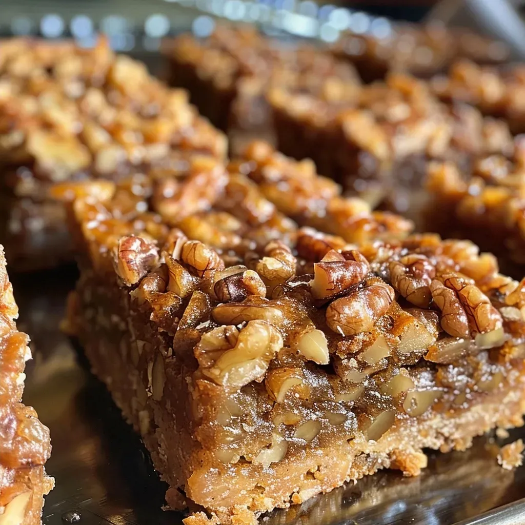 ['Close-up view of golden-brown Maple Walnut Bars with a glossy maple glaze.', 'Side angle shot of Maple Walnut Bars showcasing their nutty texture and rich color.', 'Detailed photo of Maple Walnut Bars with visible walnut pieces and syrupy topping.', 'Juicy, delectable Maple Walnut Bars displayed on a rustic wooden surface.']