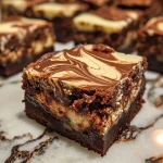 ['Close-up side view of decadent marble cheesecake brownies with visible swirls and chocolate chips.', 'Juicy marble cheesecake brownies featuring a rich chocolate and cream cheese topping, showcased in a side angle.', 'Side view of freshly baked marble cheesecake brownies, emphasizing the marbling and creamy layers.', 'Close-up image of chocolate cheesecake brownies, displaying glossy chocolate tops and contrasting cream cheese swirls.']