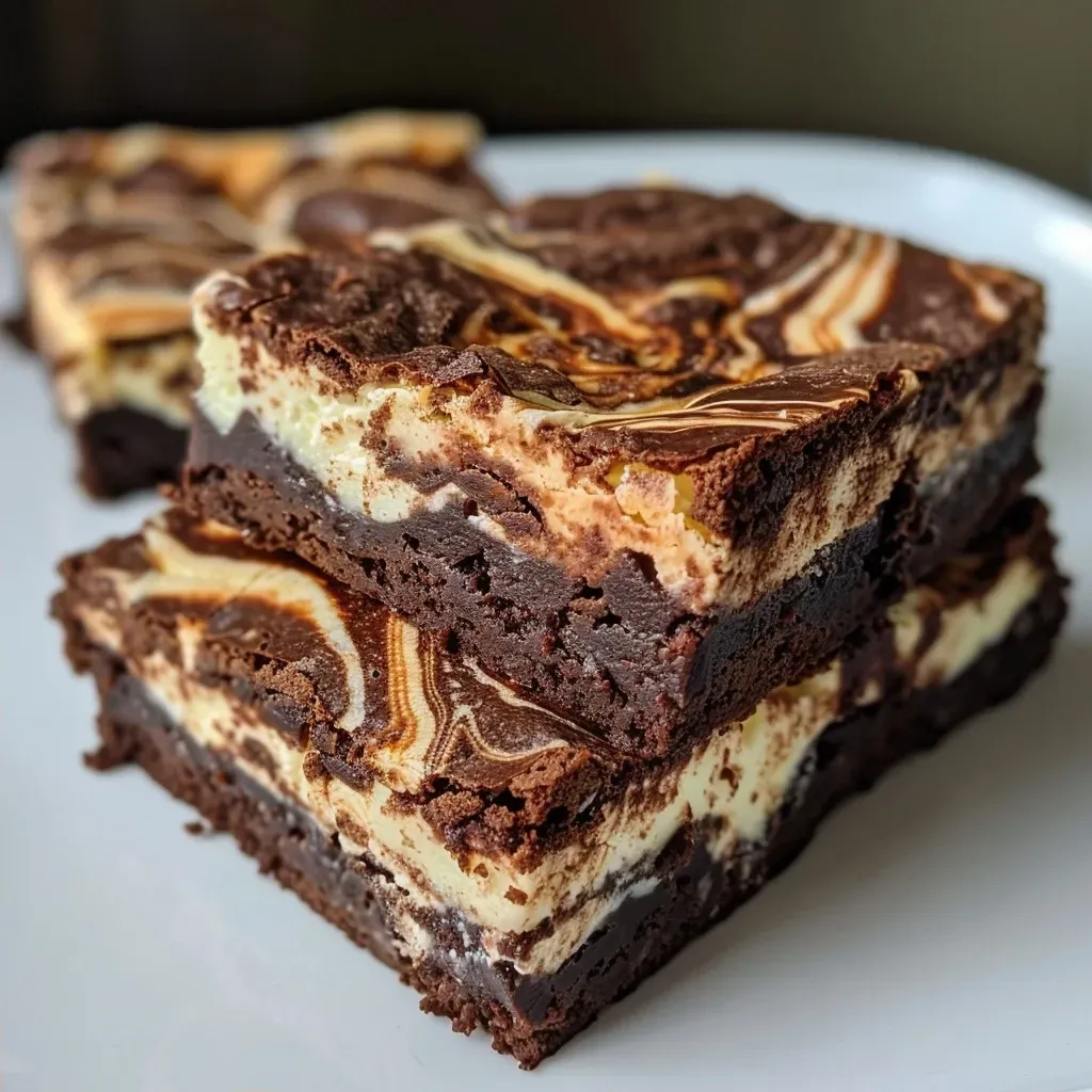 Close-up side view of decadent marble cheesecake brownies with visible swirls and chocolate chips.