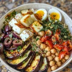 ['Close-up view of a Mediterranean eggplant grain bowl filled with quinoa, chickpeas, and sliced eggplant.', 'Side photo of a colorful grain bowl featuring diced eggplant, chickpeas, and garnishes on a rustic table.', 'Detailed shot of a healthy grain bowl topped with halloumi, soft-boiled eggs, and fresh herbs.', 'Vibrant Mediterranean grain bowl showcasing colorful ingredients, including quinoa and toasted seeds, set against a neutral background.']