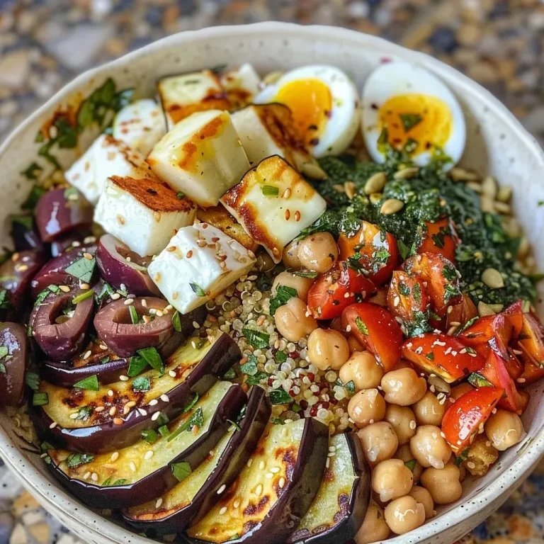 ['Close-up view of a Mediterranean eggplant grain bowl filled with quinoa, chickpeas, and sliced eggplant.', 'Side photo of a colorful grain bowl featuring diced eggplant, chickpeas, and garnishes on a rustic table.', 'Detailed shot of a healthy grain bowl topped with halloumi, soft-boiled eggs, and fresh herbs.', 'Vibrant Mediterranean grain bowl showcasing colorful ingredients, including quinoa and toasted seeds, set against a neutral background.']