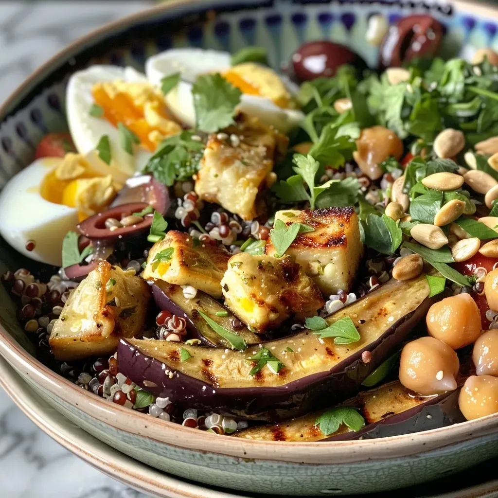 Close-up view of a Mediterranean eggplant grain bowl filled with quinoa, chickpeas, and sliced eggplant.