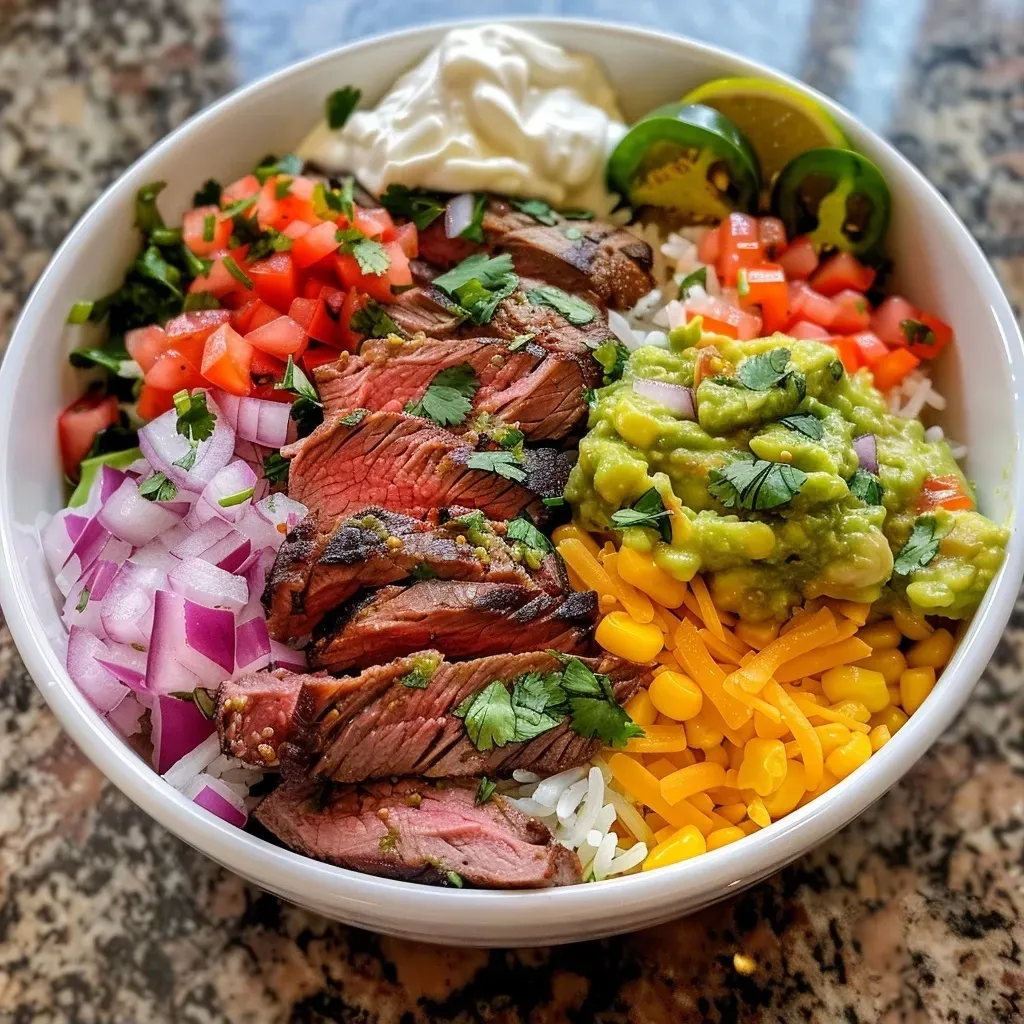 ['A close-up view of a Mexicali Steak Burrito Bowl showcasing colorful ingredients.', 'A vibrant Mexicali Steak Burrito Bowl filled with fresh veggies and juicy steak.', 'A detailed shot of a Mexicali Steak Burrito Bowl with layers of toppings.', 'A side view of a delicious Mexicali Steak Burrito Bowl featuring bright ingredients.']