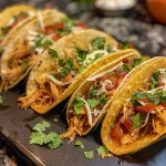 ['Close-up image of mini tacos filled with shredded chicken and topped with melted cheese.', 'Side view of juicy mini tacos arranged on a plate, showcasing their vibrant toppings.', 'Detailed shot of several mini tacos with chicken and cheese, garnished with cilantro and sour cream.', 'A tempting close-up of mini tacos, emphasizing the textures of tortillas and fillings.']