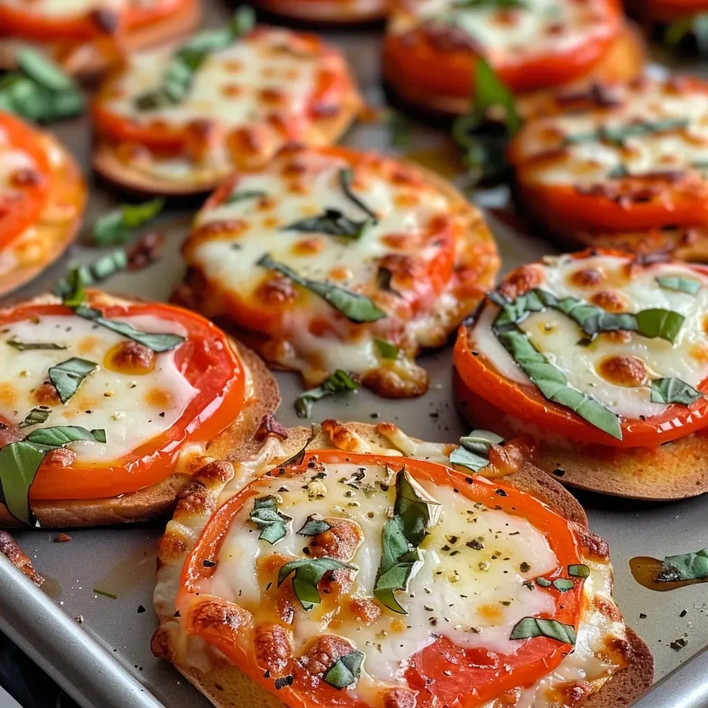 Close-up of mini veggie pizza bites on a wooden board with melted cheese.