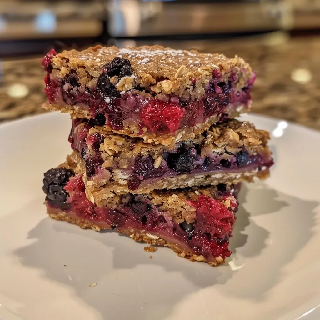 ['Close-up view of mixed berry oatmeal bars showing a golden-brown top and mixed berry filling.', 'Side view of oatmeal bars filled with vibrant mixed berries, highlighting the texture and layers.', 'Deliciously baked mixed berry oatmeal bars with a crumbly top, fresh berries peeking through.', 'A close shot of oatmeal bars with a rich berry interior and a crumbly exterior.']