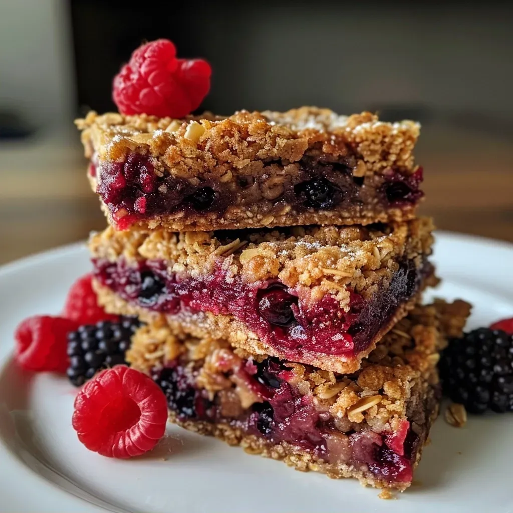 Close-up view of mixed berry oatmeal bars showing a golden-brown top and mixed berry filling.