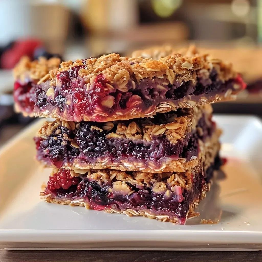 ['Close-up view of Mixed Berry Oatmeal Bars with a golden-brown crust and vibrant berry filling.', 'Side view of freshly baked Mixed Berry Oatmeal Bars showing layers of oats and berries.', 'Juicy Mixed Berry Oatmeal Bars displayed on a plate, highlighting their texture and berry mixture.', 'Delicious Mixed Berry Oatmeal Bars with visible oats, berries, and a crumbly topping.']