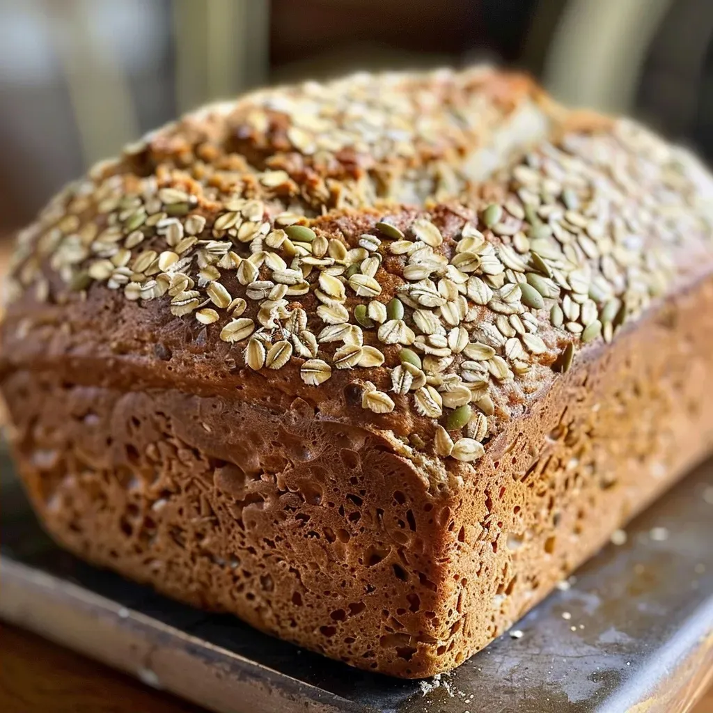 Side view of a freshly baked multigrain buttermilk bread, showcasing its crust and texture.