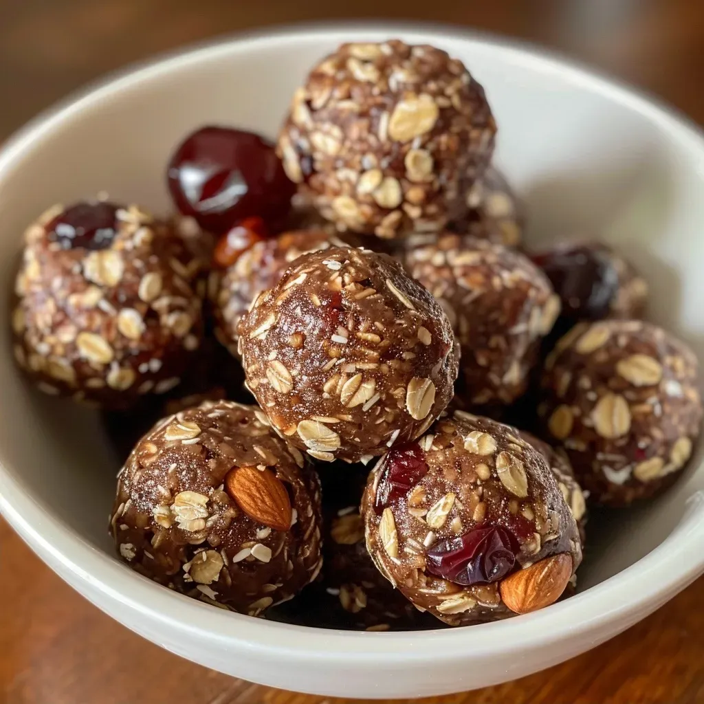 ['Close-up of No-Bake Cherry Energy Bites stacked on a wooden surface.', 'Side view of glistening No-Bake Cherry Energy Bites surrounded by almonds and oats.', 'Juicy No-Bake Cherry Energy Bites on a plate, showcasing their texture and ingredients.', 'A vibrant arrangement of No-Bake Cherry Energy Bites with a rustic background.']