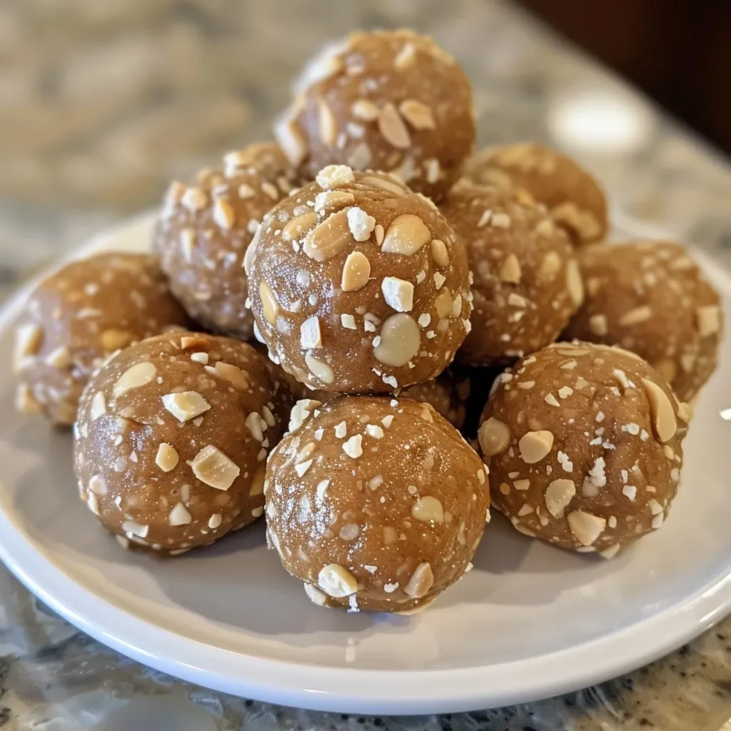 ['Close-up view of glossy No-Bake Peanut Butter Balls on a wooden surface.', 'Side view of multiple peanut butter balls, highlighting their creamy texture.', 'Delicious-looking No-Bake Peanut Butter Balls with a shiny exterior, arranged neatly.', 'A handful of No-Bake Peanut Butter Balls showcasing their golden-brown color.']