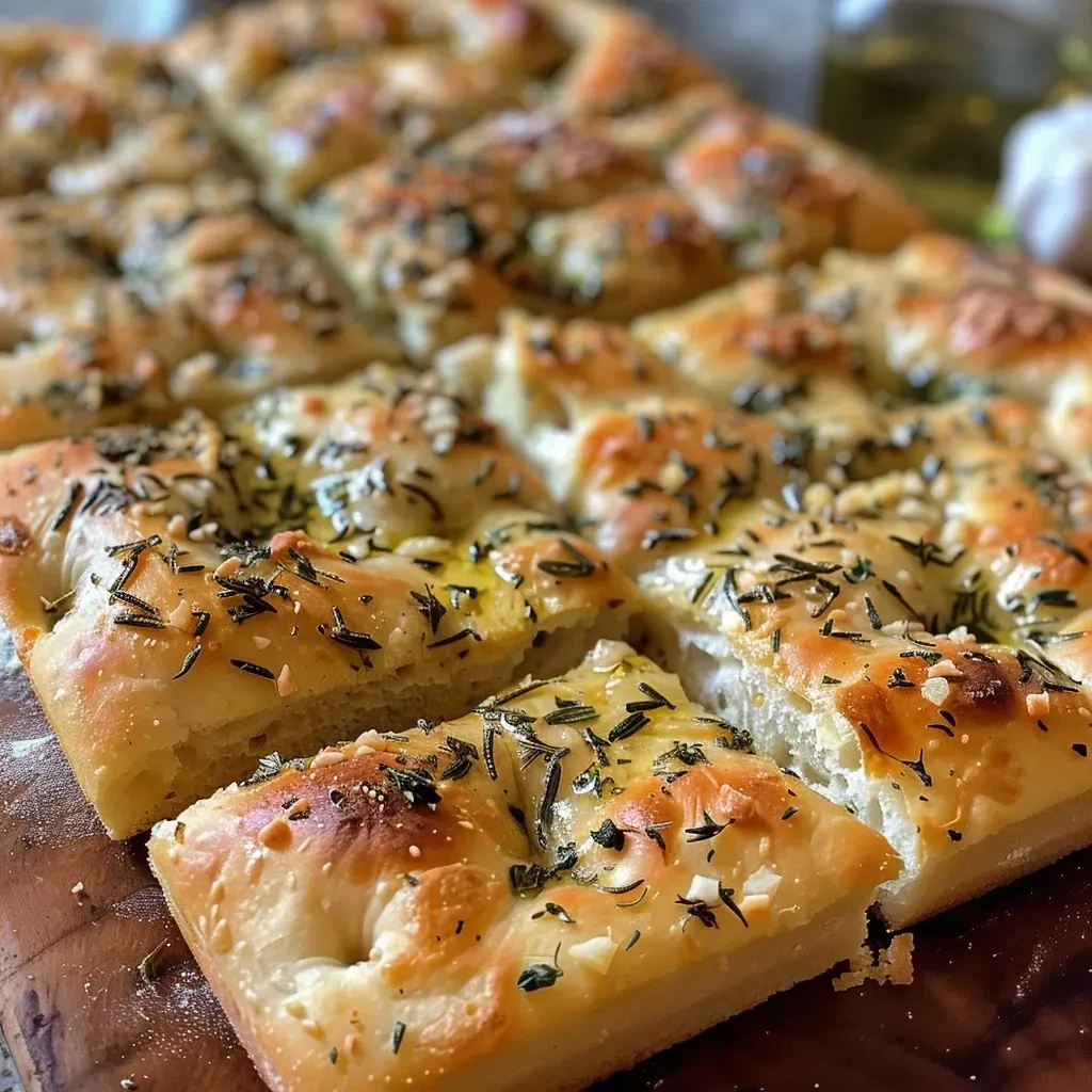 ['Close up of golden-brown focaccia bread topped with garlic and herbs.', 'Side view of a fluffy, crusty focaccia with herbs and a drizzle of olive oil.', 'Juicy focaccia bread showcasing pieces of garlic and sprigs of rosemary.', 'Freshly baked garlic herb focaccia with a crispy crust and sea salt flakes.']