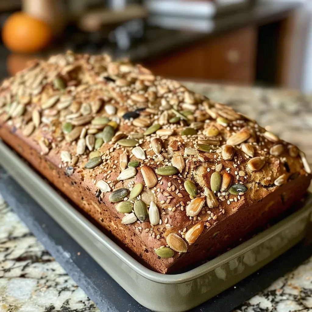 ['Close-up side view of a golden-brown, multi-seed bread with a crusty exterior and a soft interior.', 'Juicy, delicious no-knead multi-seed bread displayed on a wooden board, highlighting its nutty seed toppings.', 'Side view of freshly baked multi-seed bread, showcasing its texture and variety of seeds on top.', 'A vibrant close-up of no-knead multi-seed bread, with visible sunflower, pumpkin, and sesame seeds adorning the crust.']