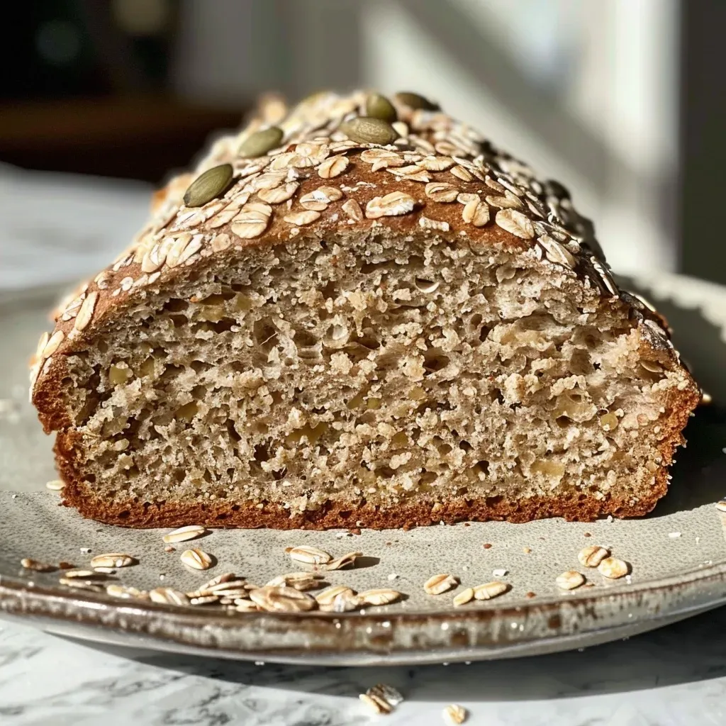 ['Close-up side view of a loaf of No Knead Seeded Oat Bread with a golden crust and visible seeds.', 'Side view of freshly baked No Knead Seeded Oat Bread showing a textured crust and sprinkled seeds.', 'Juicy No Knead Seeded Oat Bread displayed in a side view, highlighting its rustic appearance and seed toppings.', 'Detailed side view of a delicious No Knead Seeded Oat Bread with an array of pumpkin and sunflower seeds.']