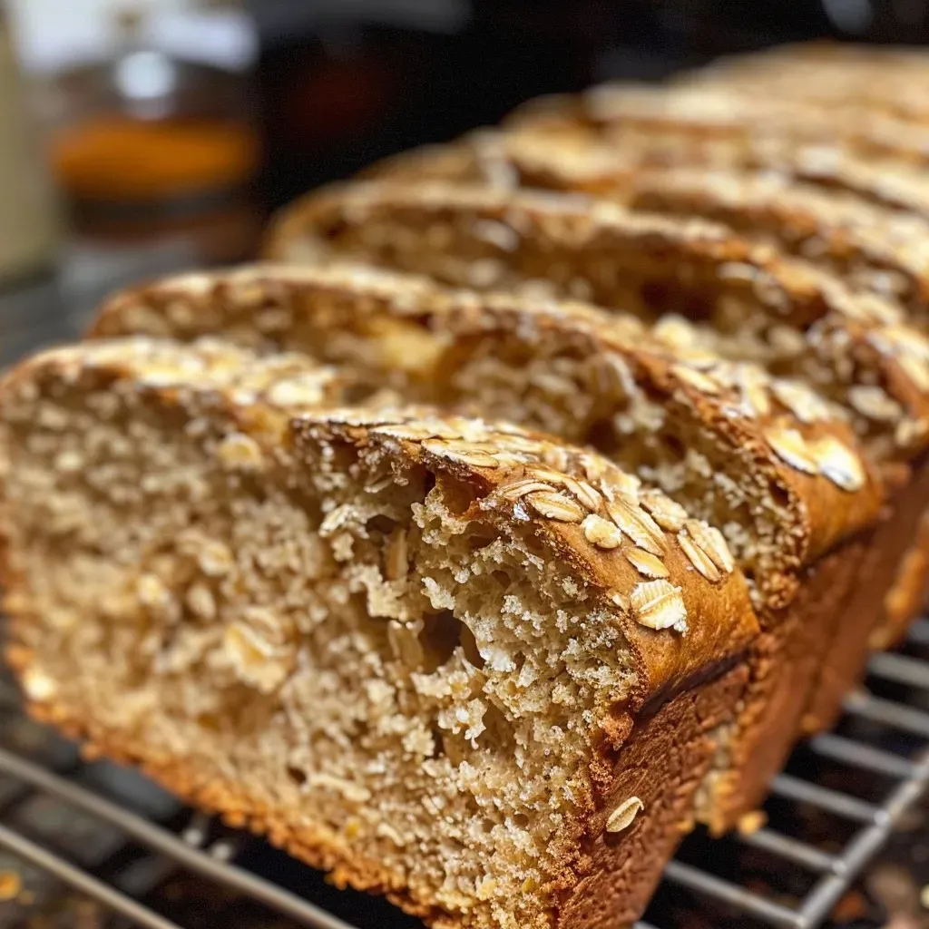 ['Close-up view of freshly baked oatmeal bread with a golden crust.', 'Side view of a sliced oatmeal bread revealing its soft texture and oats.', 'Detailed image of a loaf of oatmeal bread showcasing its rich color and ingredients.', 'A rustic slice of oatmeal bread on a wooden board, highlighting its moist interior.']