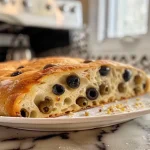['Close-up view of freshly baked Olive Bread with chunks of olives and cheese visible.', 'Side view of a loaf of Olive Bread highlighting its crusty exterior and olive pieces.', 'Juicy Olive Bread with visible chopped olives and a golden crust in close-up.', 'Detail of olive-studded bread showing textures of the crust and crumb.']