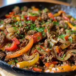 ['Close-up of a One-Pan Italian Beef and Peppers skillet with vibrant colors.', 'Juicy Italian beef and peppers in a skillet, showcasing fresh ingredients.', 'Side view of a hearty One-Pan Italian beef and peppers dish, ready to serve.', 'Colorful mix of ground beef and bell peppers in a skillet, garnished with cheese.']