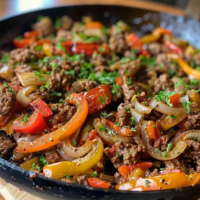 ['Close-up of a One-Pan Italian Beef and Peppers skillet with vibrant colors.', 'Juicy Italian beef and peppers in a skillet, showcasing fresh ingredients.', 'Side view of a hearty One-Pan Italian beef and peppers dish, ready to serve.', 'Colorful mix of ground beef and bell peppers in a skillet, garnished with cheese.']