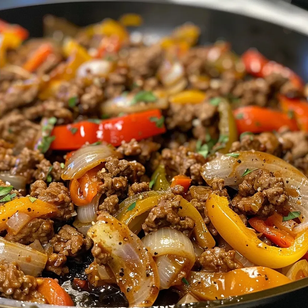 ['Close-up of a One-Pan Italian Beef and Peppers skillet with vibrant colors.', 'Juicy Italian beef and peppers in a skillet, showcasing fresh ingredients.', 'Side view of a hearty One-Pan Italian beef and peppers dish, ready to serve.', 'Colorful mix of ground beef and bell peppers in a skillet, garnished with cheese.']