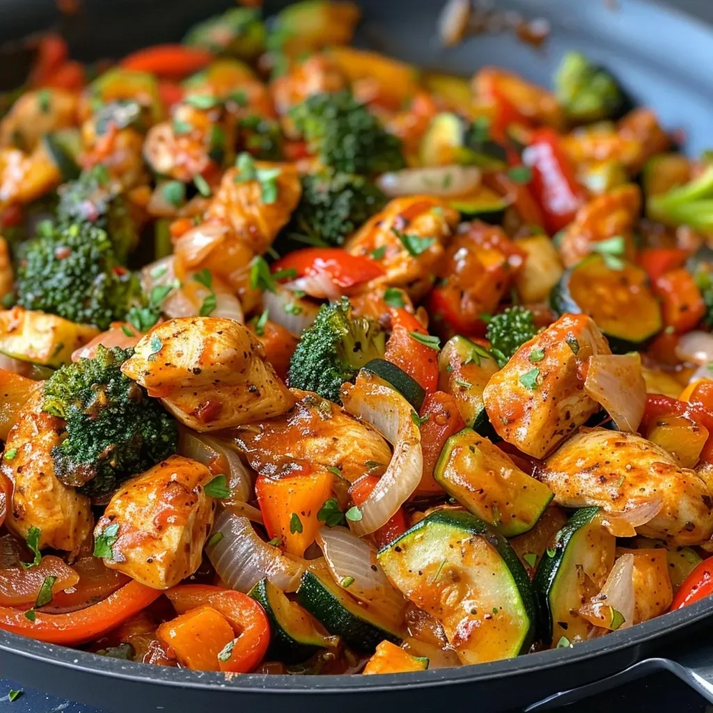 ['Close-up view of a One Pot Chicken and Vegetables Skillet with vibrant vegetables.', 'Juicy chicken pieces and colorful vegetables arranged in a skillet.', 'A skillet filled with brown chicken, zucchini, red peppers, and broccoli.', 'Side view of a One Pot Chicken and Vegetables dish, garnished with parsley.']