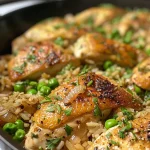 ['Close-up view of a One-Skillet Chicken and Rice Dinner with chicken pieces and rice visible.', 'Juicy chicken slices and rice with peas in a skillet, garnished with fresh parsley.', 'Side view of a One-Skillet Chicken and Rice dish showing vibrant colors and textures.', 'Delicious One-Skillet Chicken and Rice Dinner with golden chicken and green peas.']
